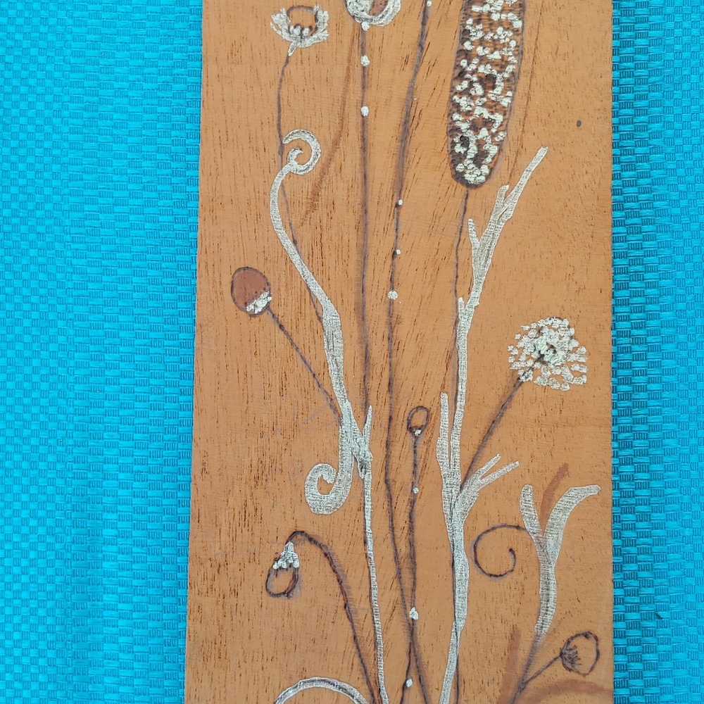 Carved Wood Hand Painted Floral Cat Tail Plaque